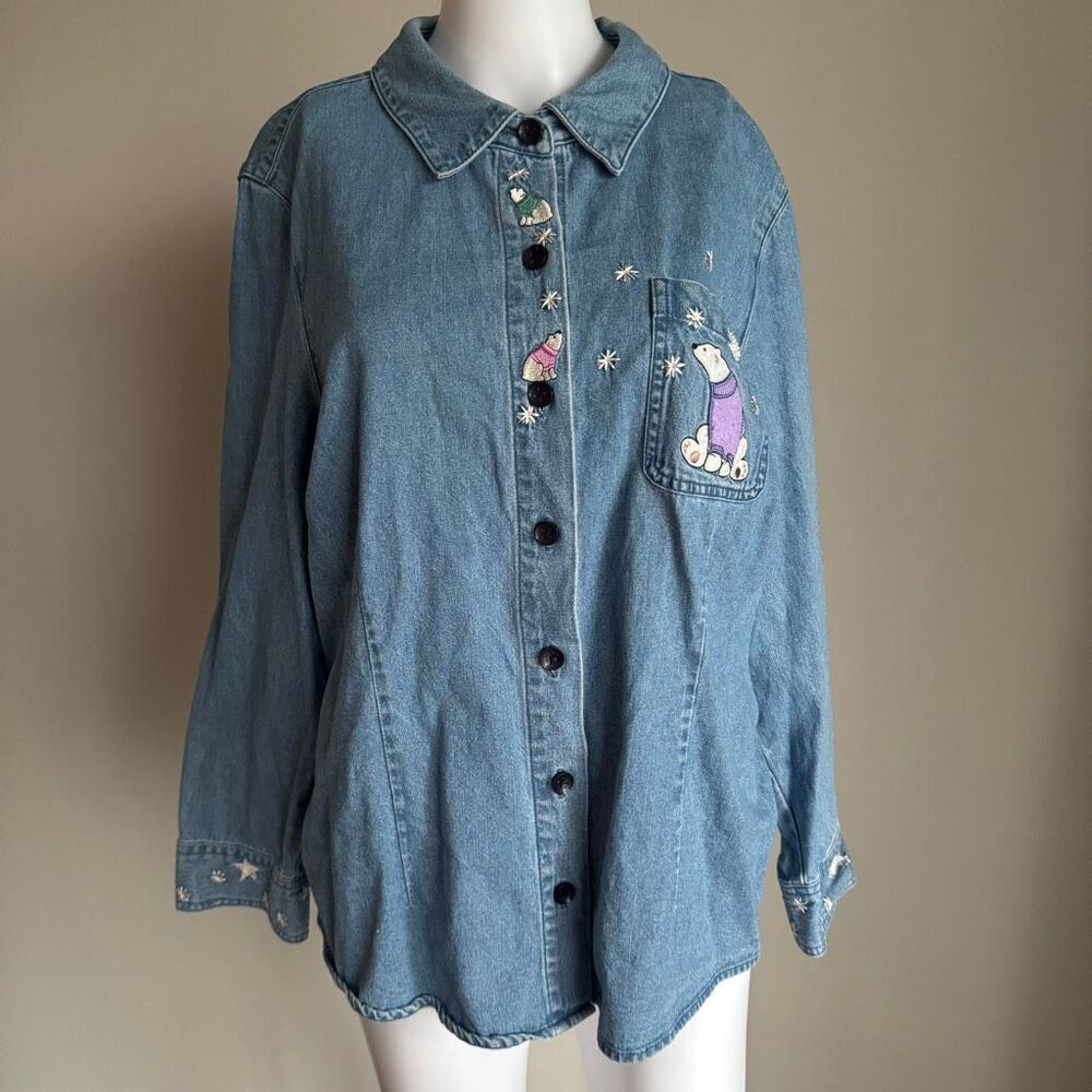 Vintage Oversized Polar Bear Embroidered Denim Shirt